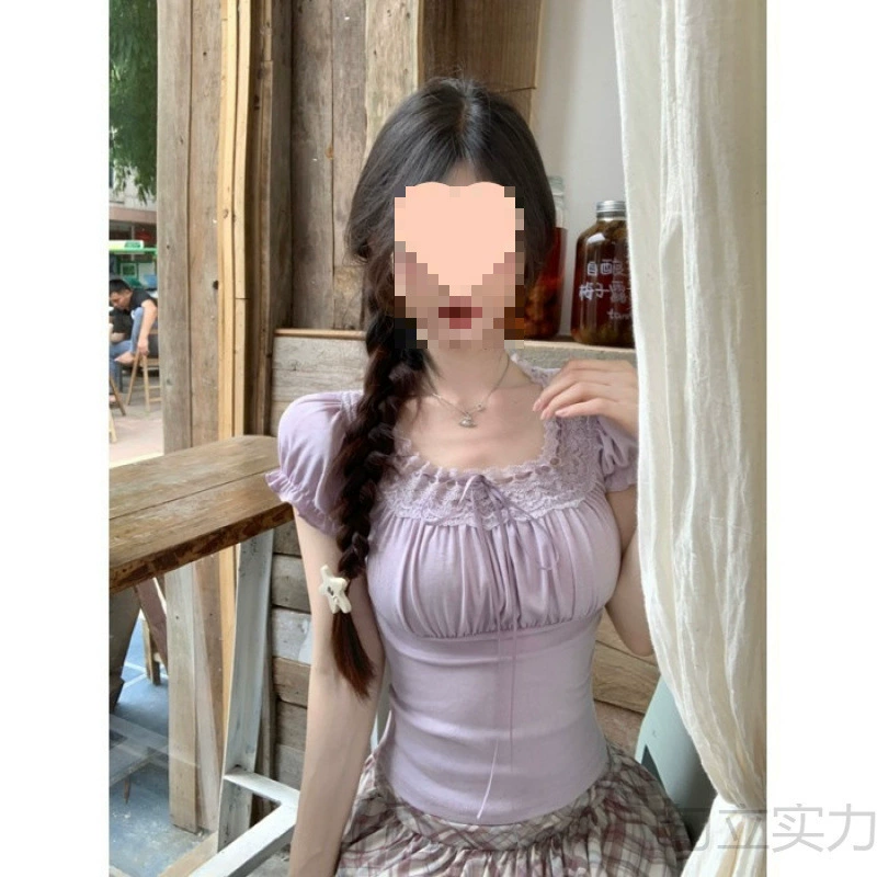 韩系紫色蕾丝花边短袖恤女装夏季设计感小众绝美短款甜辣妹上衣