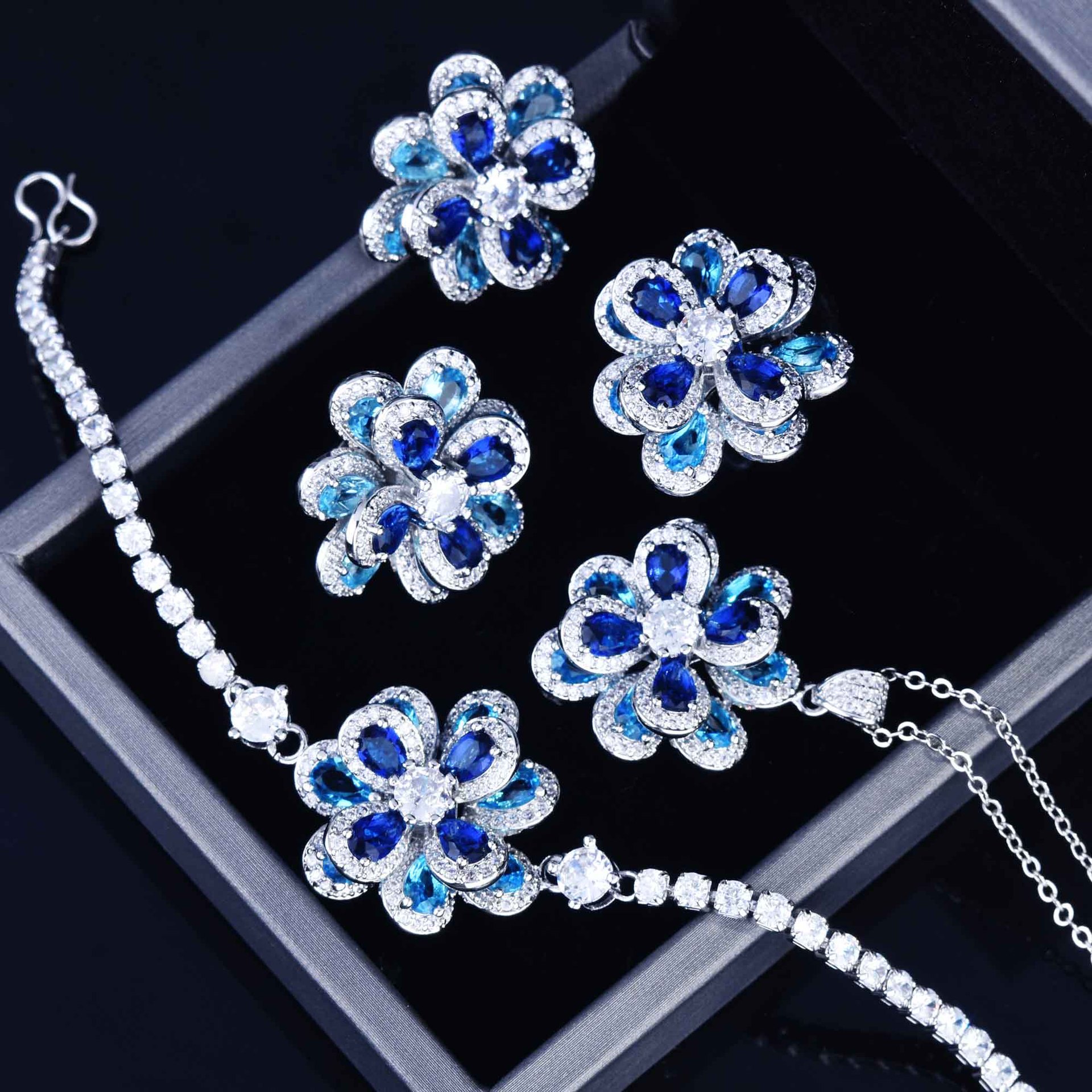 European And American Temperament Color Zircon Flower Earrings Simple Three-dimensional Camellia Pendant Open Ring display picture 11