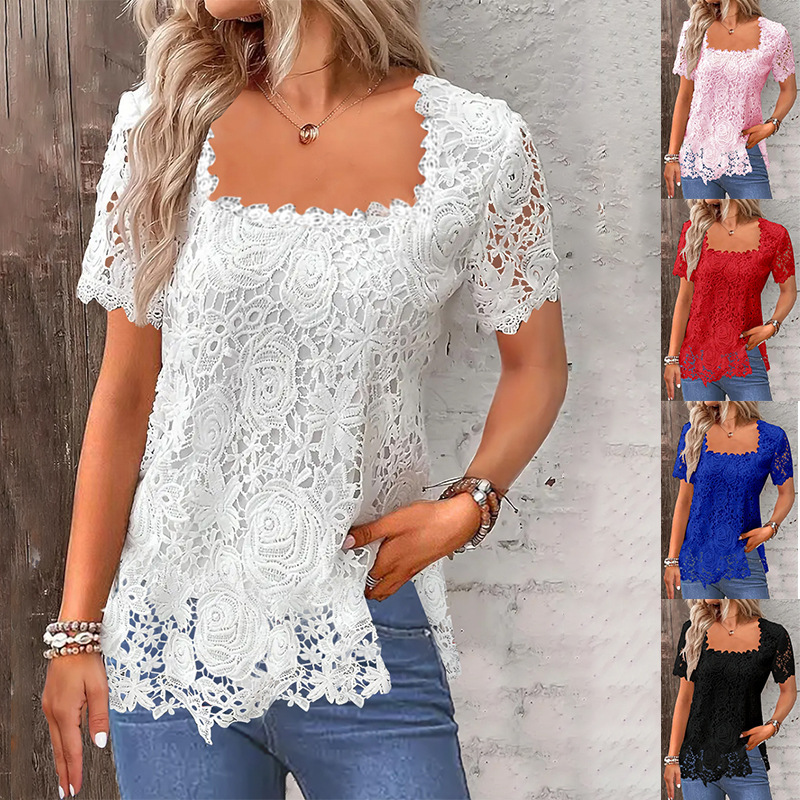 Independent Station Amazon 2024 Cross-border Foreign Trade Summer New Hot Vacation Elegant Lace T-Shirt