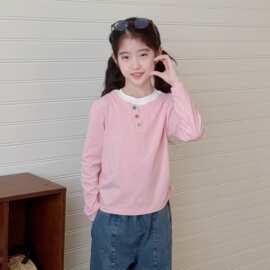 女童长袖t恤纯棉2026春季新款时尚圆领纯色中大童假两件儿童上衣