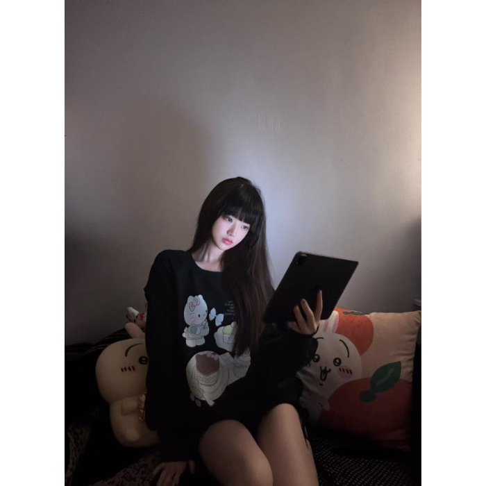 黑色凯蒂猫圆领卫衣女秋冬2025新爆款初高中学生oversize宽松上衣|undefined