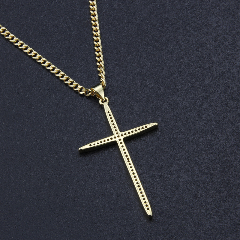 American inlaid zirconium large cross copper gold-plated necklace
