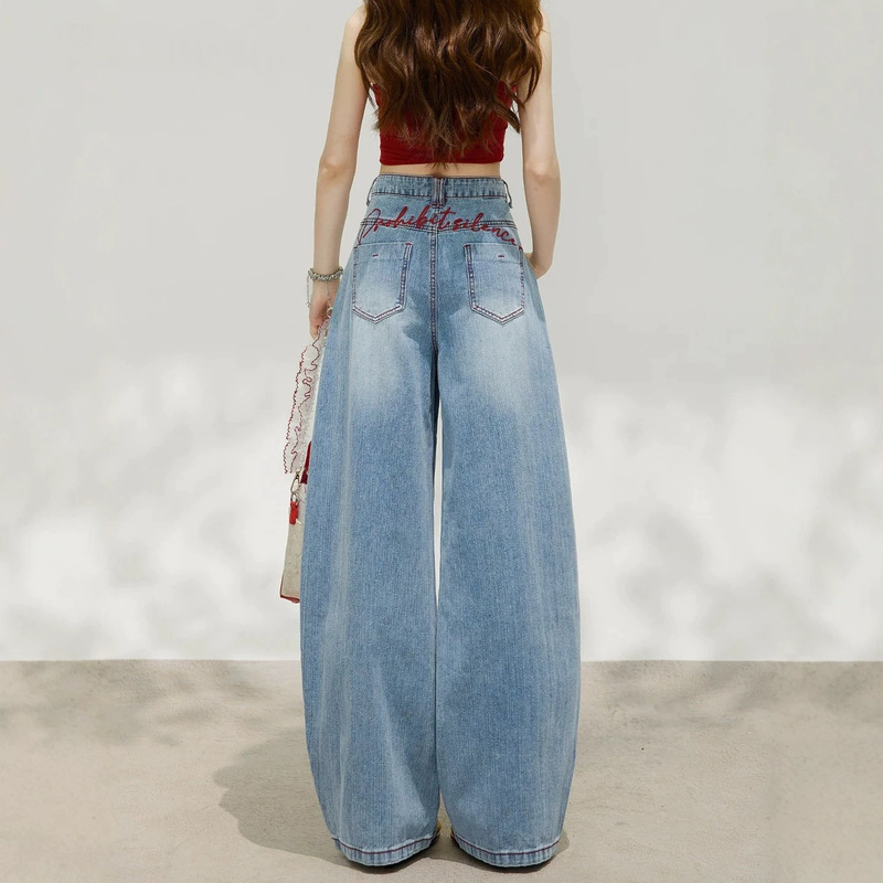 La Sha Women's Light Blue Embroidered Wide-Leg Jeans, Autumn 2026 New High-Waisted Straight Loose Curved-Leg Pants La Sha Women's Light Blue Embroidered Wide-Leg Jeans, Autumn 2026 New High-Waisted Straight Loose Curved-Leg Pants