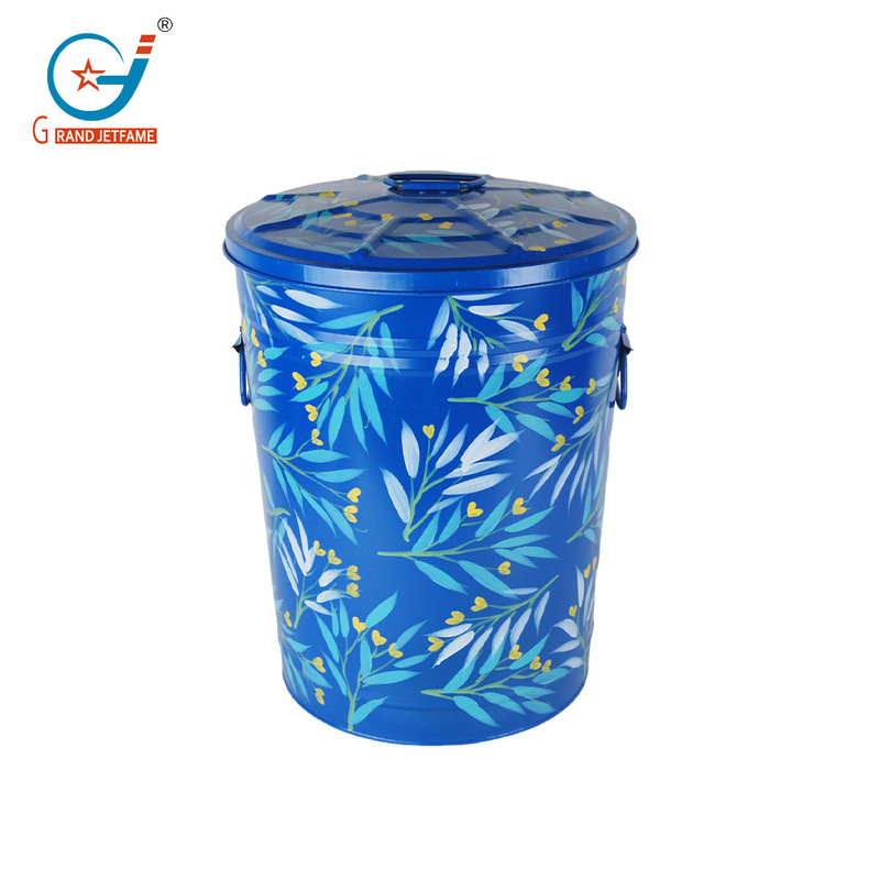 Blue hand-painted storage bucket with lid sealed painted flower trash can Amazon cross-border large zinc iron bucket Blue hand-painted storage bucket with lid sealed painted flower trash can Amazon cross-border large zinc iron bucket