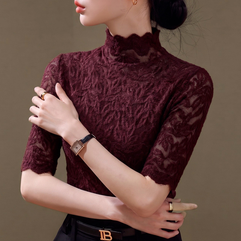 2026 New Autumn Lace Mid-Sleeve T-Shirt for Women, Half High Collar, Slim Fit, Elegant, Wine Red, Three-Quarter Sleeve Top