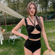 2024新款韩版纯色泳装性感镂空大小胸聚拢高腰遮肚显瘦分体泳衣女