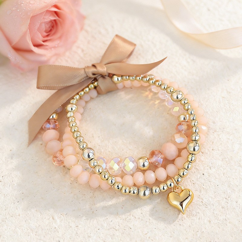 Elegant Ribbon Ceramic Crystal Bracelet Set Ins Style Design Bow Elastic Bracelet Women's Cross-Border Supply