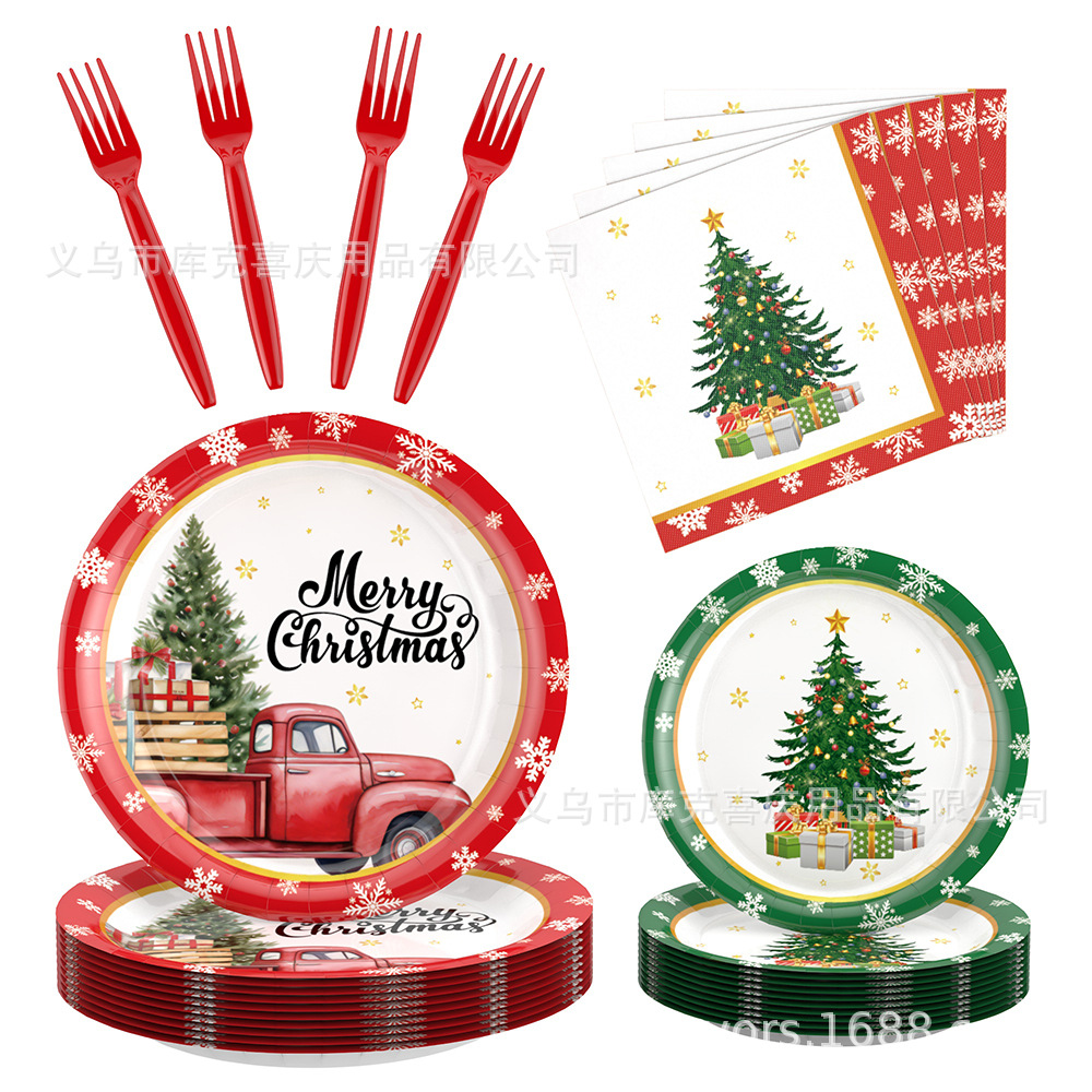 Nuevos artículos de decoración de vajilla de fiesta de Navidad, bandeja de papel de árbol de Navidad desechable, taza de papel, juego de mantel de bandera