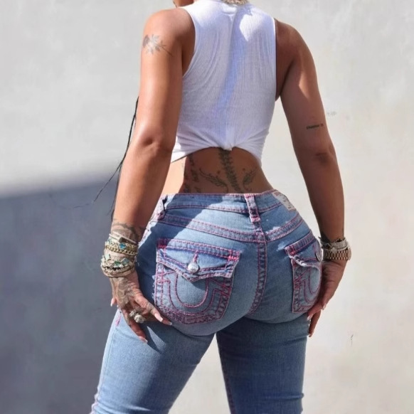 European and American Cross-Border True Religion Retro Fashion Embroidered Sexy Casual High-Waisted Tight Jeans for Women