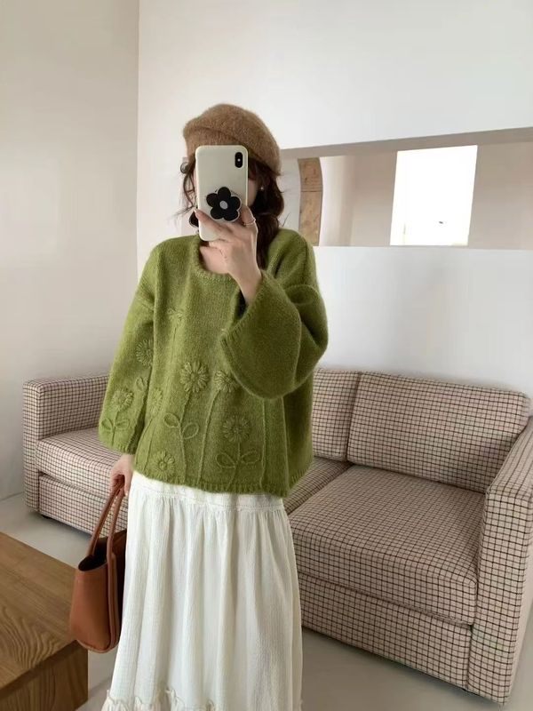 重工立体花朵刺绣套头毛衣女2025秋冬新款韩版宽松休闲针织上衣厚|undefined