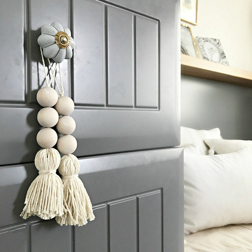 Ins Amazon North European style macrame cotton cord fringe wood bead decorative closet curtain door handle decoration set of 2
