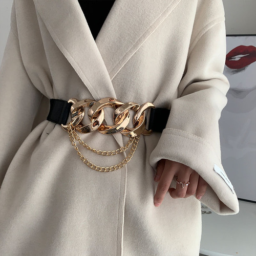 Elastic elastic belt, trendy metal chain decorative girdle with coat and dress, retro outer belt