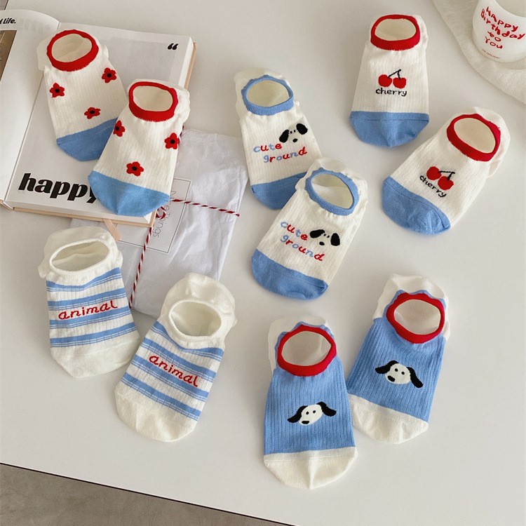 2025 Spring/Summer New Korean Style Dongdaemun Blue Cherry Dog Color-Block Low-Cut Invisible Socks Hollow Mesh Boat Socks