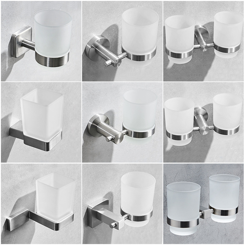 304 Stainless Steel Single Cup Bathroom Toilet Mouthwash Cup Washbasin Wall-Mounted Toothbrush Cup Holder Set Bathroom Hardware