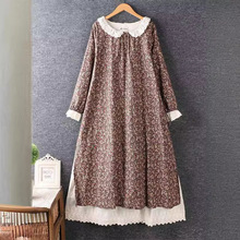 2025日系森女文艺印花棉麻长袖连衣裙宽松百搭刺绣娃娃领套头长裙