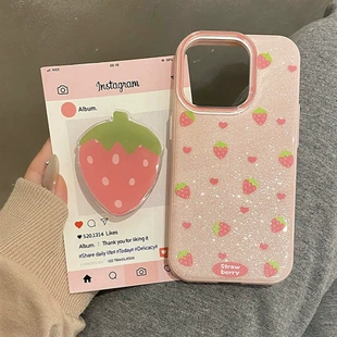 Чехол для телефона (Apple iPhone 16 Pro / 15 Pro совместим) — двухслойный фуксия «клубника», блёстки