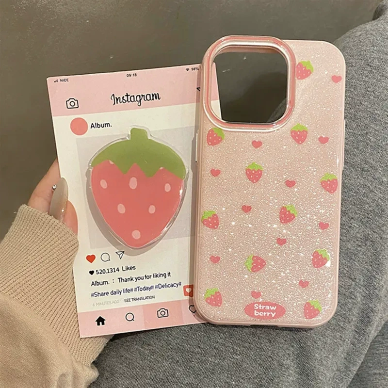 Чехол для телефона (Apple iPhone 16 Pro / 15 Pro совместим) — двухслойный фуксия «клубника», блёстки
