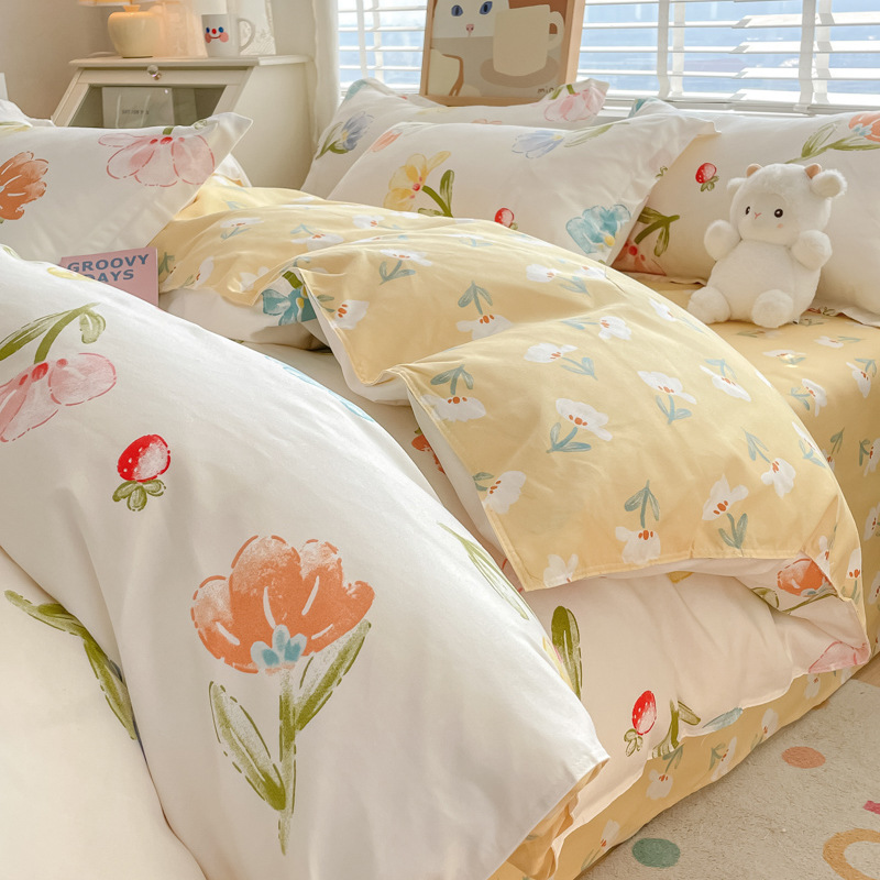 A類母子級ins小清新純綿磨毛四点セット肌シーツ水洗綿布団カバー寮三点セット