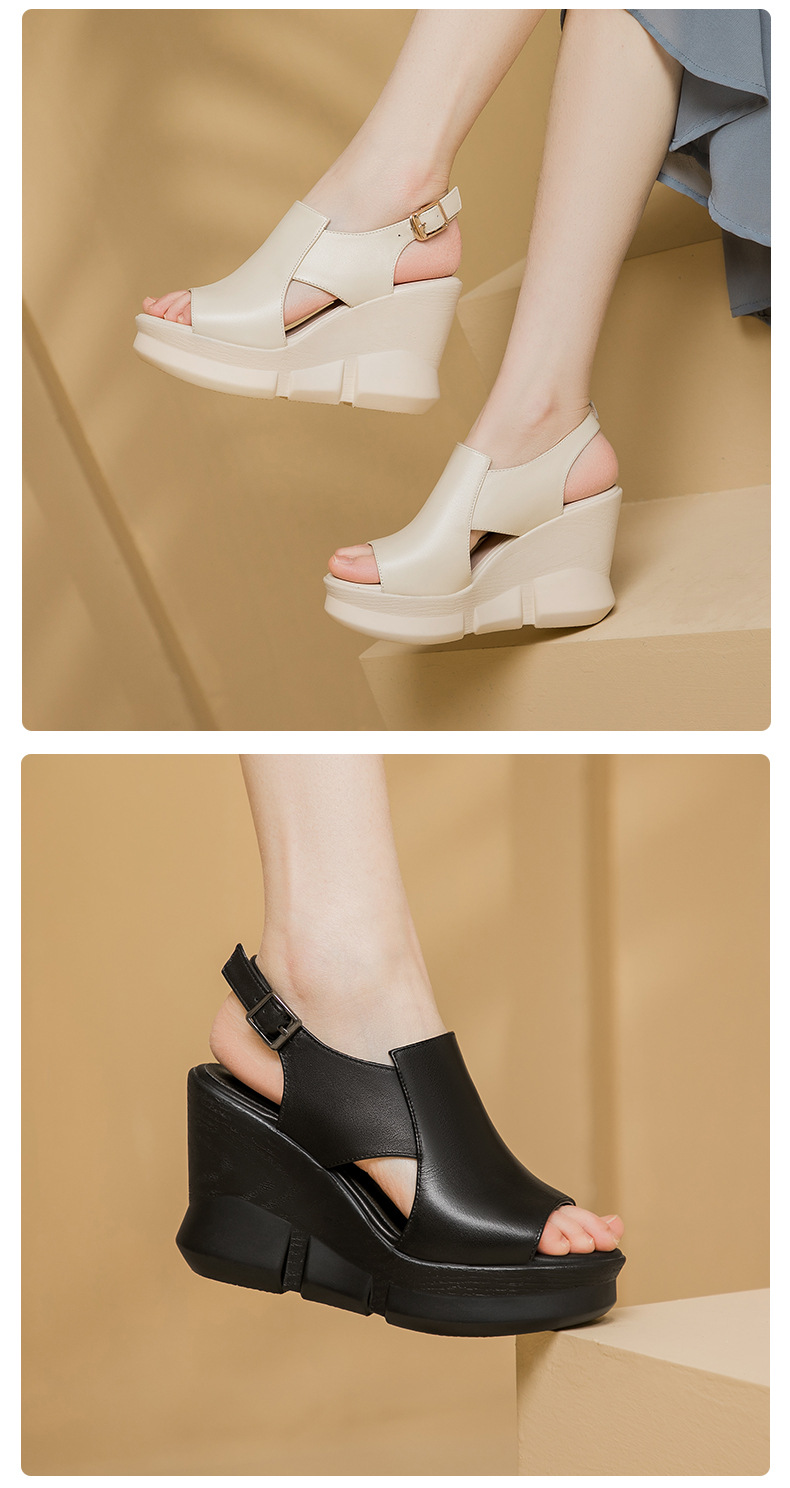 Sandal nữ đế xuồng miệng cá da bò, quai ngang đơn giản, gót cao 8 cm — Màu đen chi tiết 5