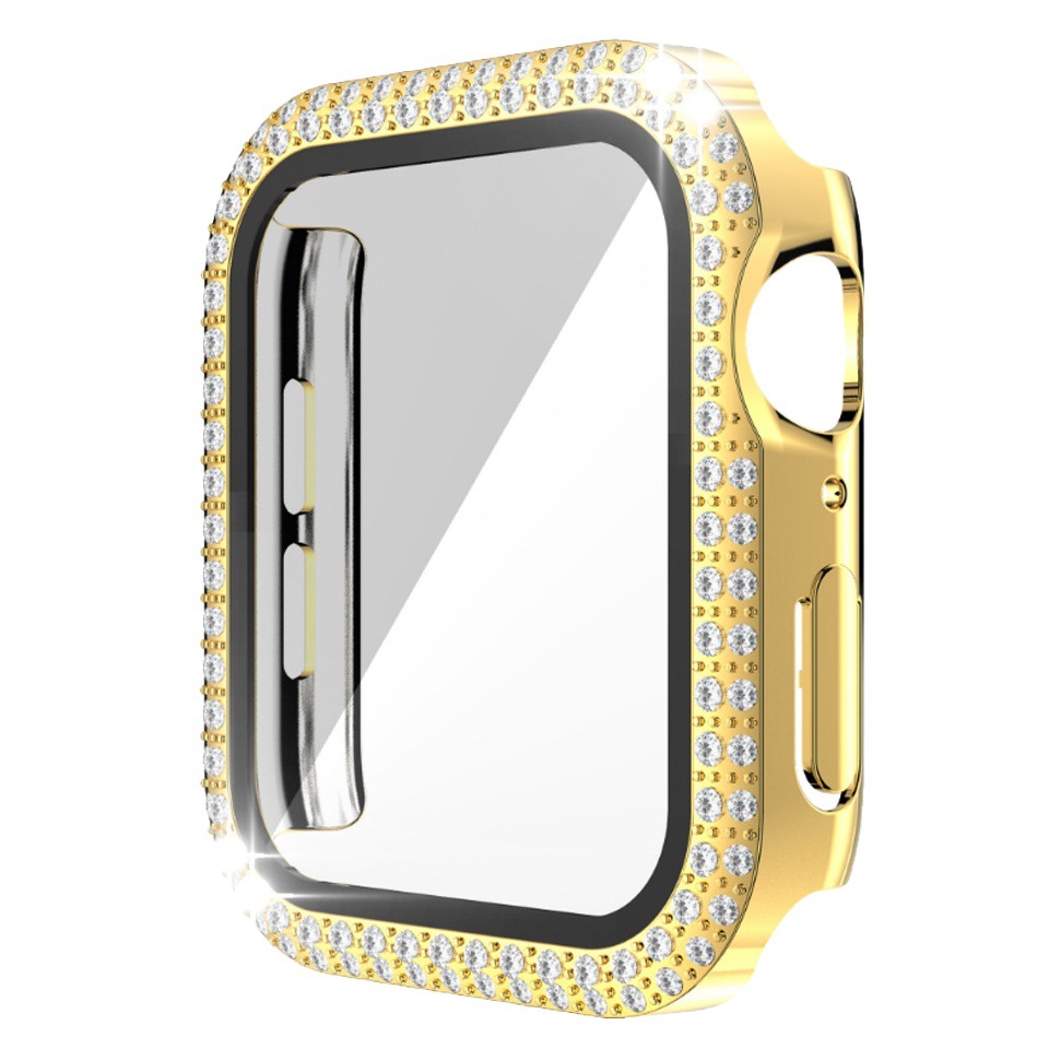 Adecuado para Apple doble fila diamante con caja de cristal Apple watch7/SE/6/5/43 todo incluido resistente a la caída caso duro