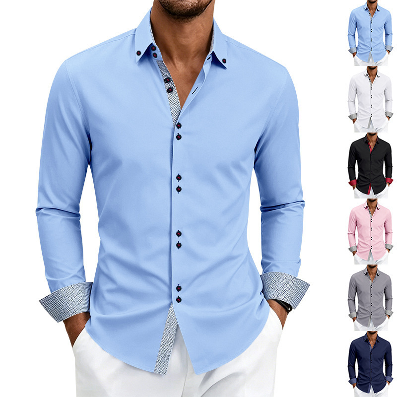 Cross-Border European and American Foreign Trade Casual Business Men's Color-Blocked Four-Season Stretch Breathable Double-Button Non-Iron Long-Sleeve Collared Shirt