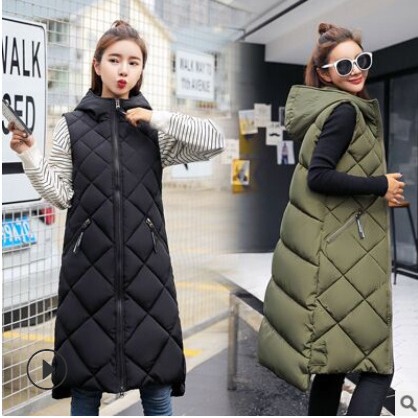 2023 women's autumn and winter down cotton vest hooded sleeveless cotton waistcoat warm vest wholesale long cotton vest women