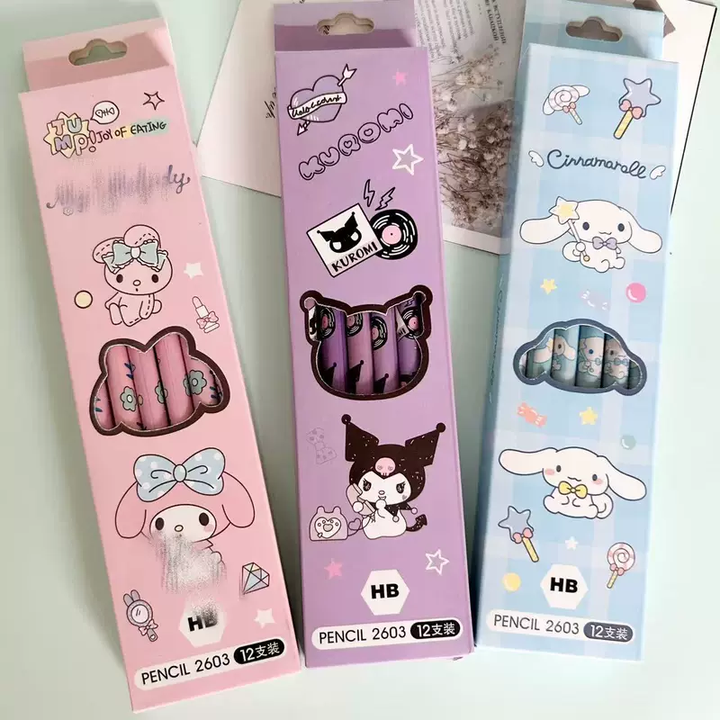 Карандаши Sanrio 12 шт в盒ке Kuromi cinnamon dog деревянные карандаши для школьников, художественные карандаши, пишущие ручки HB