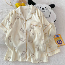 睡衣女夏薄款日系卡通印花云朵棉短袖短裤家居服套装抖音代发
