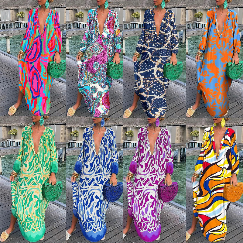 247g Weight Maxi Long Dress Dress Length Type Long Sleeve Sleeve Length Swing Dress Dresses Type Wholesale Women'S Vacation Printing Printing Holiday V Neck Long Sleeve Swing Dress