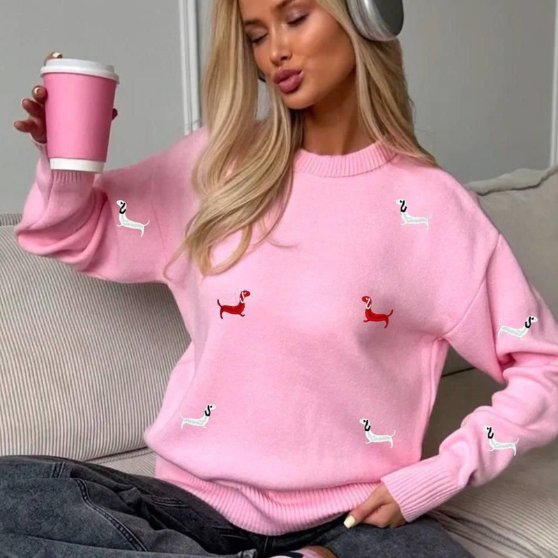 Cross-Border European and American New Autumn and Winter Faux Sweater for Women, Round Neck, Long Sleeves, Puppy Print, Casual Faux Knit Pullover Top Cross-Border European and American New Autumn and Winter Faux Sweater for Women, Round Neck, Long Sleeves, Puppy Print, Casual Faux Knit Pullover Top