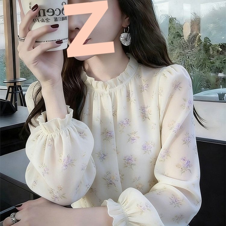 夏季新款超仙碎花衬衫女时尚宽松百搭气质遮肚灯笼长袖立领女上衣