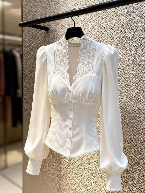 High-End Chic Tops with a Stunning, Sophisticated Look and Elegant Vibe, Waist-Cinching Lace Patchwork White Velvet Shirt for Winter