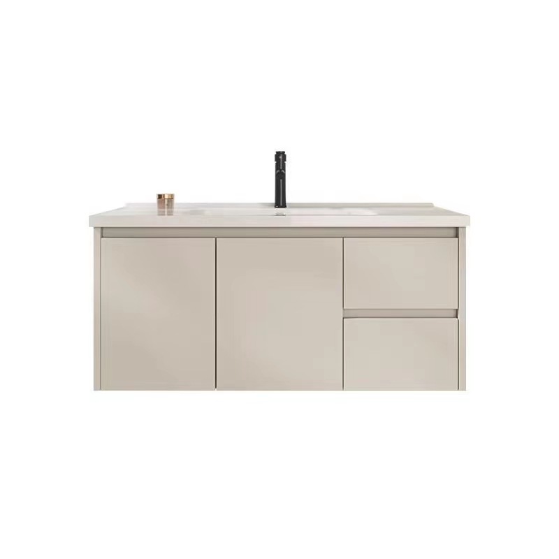 Mueble de Baño Minimalista de Aluminio Estilo Crema con Lavabo de Cerámica Integrado, Mueble de Baño con Lavamanos, Espejo Inteligente con Lavabo Integrado