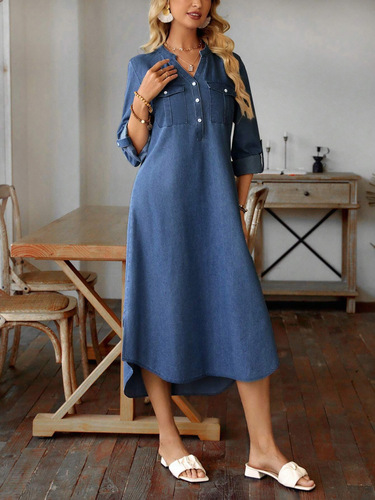 Women's European and American Spring/Summer/Fall Casual V-Neck Denim Dress with Flap Pockets, Side Hem A-Line Skirt
