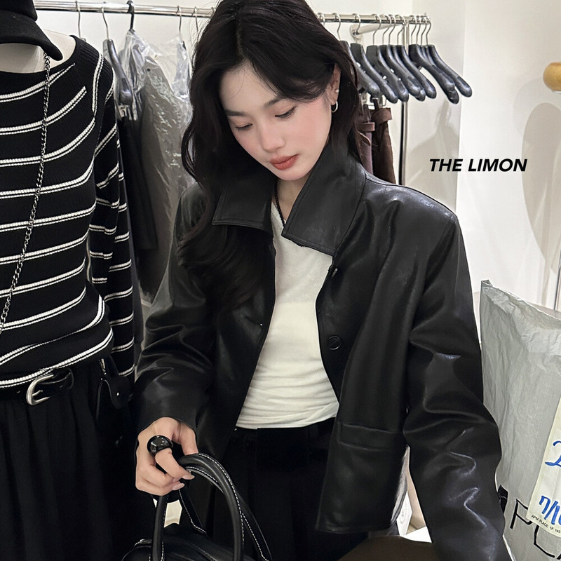 the limon柠檬绿茶2025秋季新款黑色翻领机车服皮夹克外套女皮衣|undefined
