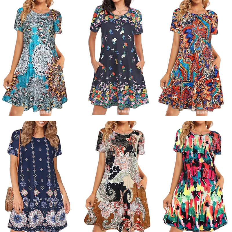 2025 Cross-Border European and American Summer Dress Beach Casual Loose T-Shirt Floral Short-Sleeved Elegant Flap Pocket Pants Vest Dress