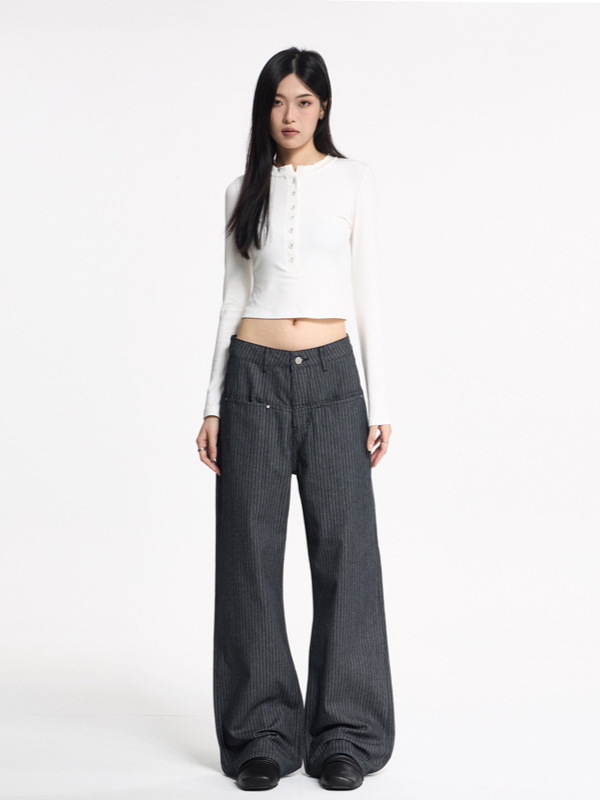 橙绢女装#美式潮牌复古条纹微喇牛仔裤男女同款秋新款宽松阔腿裤|undefined