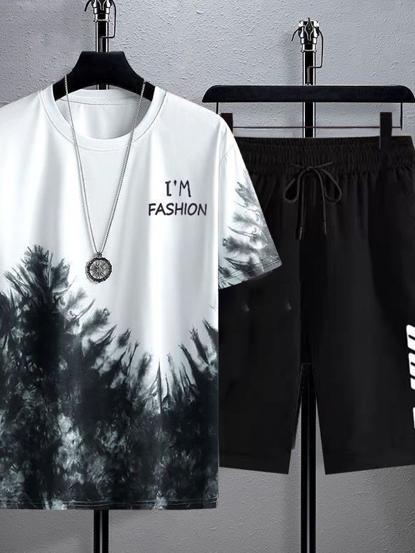 New Quick-Drying Ice Silk Gradient Suit Men's Short-Sleeved T-Shirt Summer Casual Shorts Sports Two-Piece Set Handsome Men's Clothing