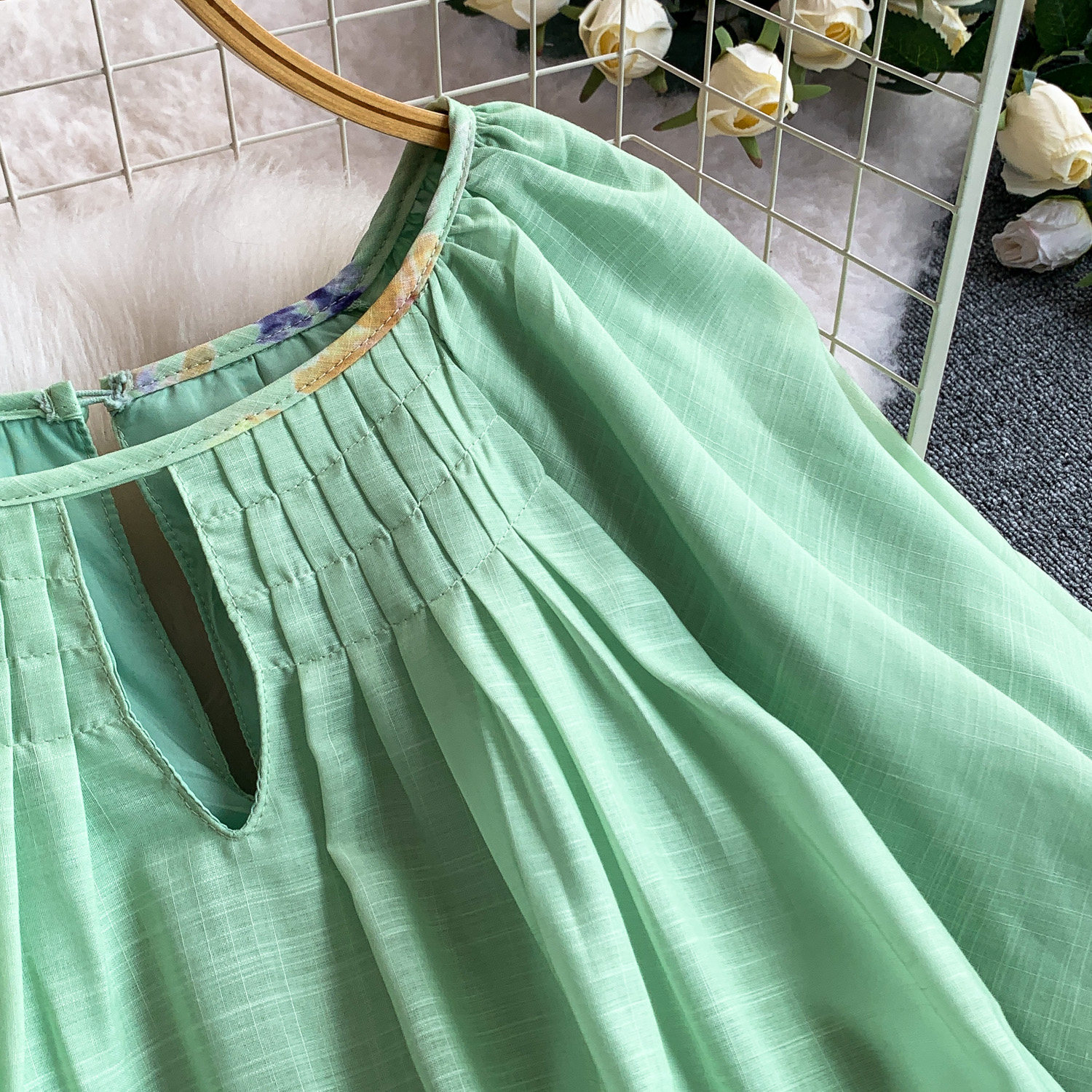 Women's French Romantic Style Dress Lantern Sleeve Printed Summer Pleated Hollow Round Neck Loose Long_ecoleips.com