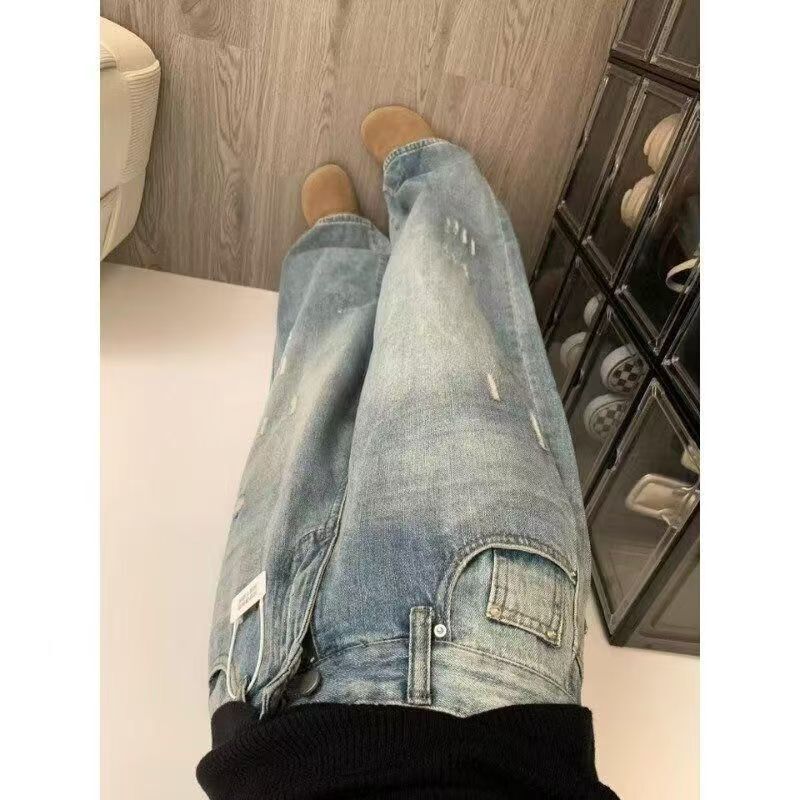 American retro washed straight-leg jeans for women, 2026 spring new style, distressed, stretchy, low-waisted, slimming long pants American retro washed straight-leg jeans for women, 2026 spring new style, distressed, stretchy, low-waisted, slimming long pants