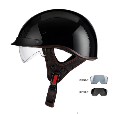 Vehicle Half Helmet Retro Helmet, Motosiklet kaskı (dəbilqə) - 015-bright-black-black-white-lens-m