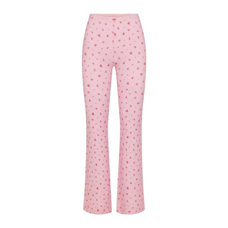 Skims Kardashian Elastic Threaded Knitted High-Waisted Pants with Large Square Collar and Lace Knitted Pants