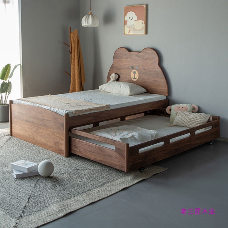 North American Black Walnut Double Bed, Double-Layer Pull-Out Bed, Cherry Wood Sliding Bed, High and Low Multi-Functional Kidsren's Bed