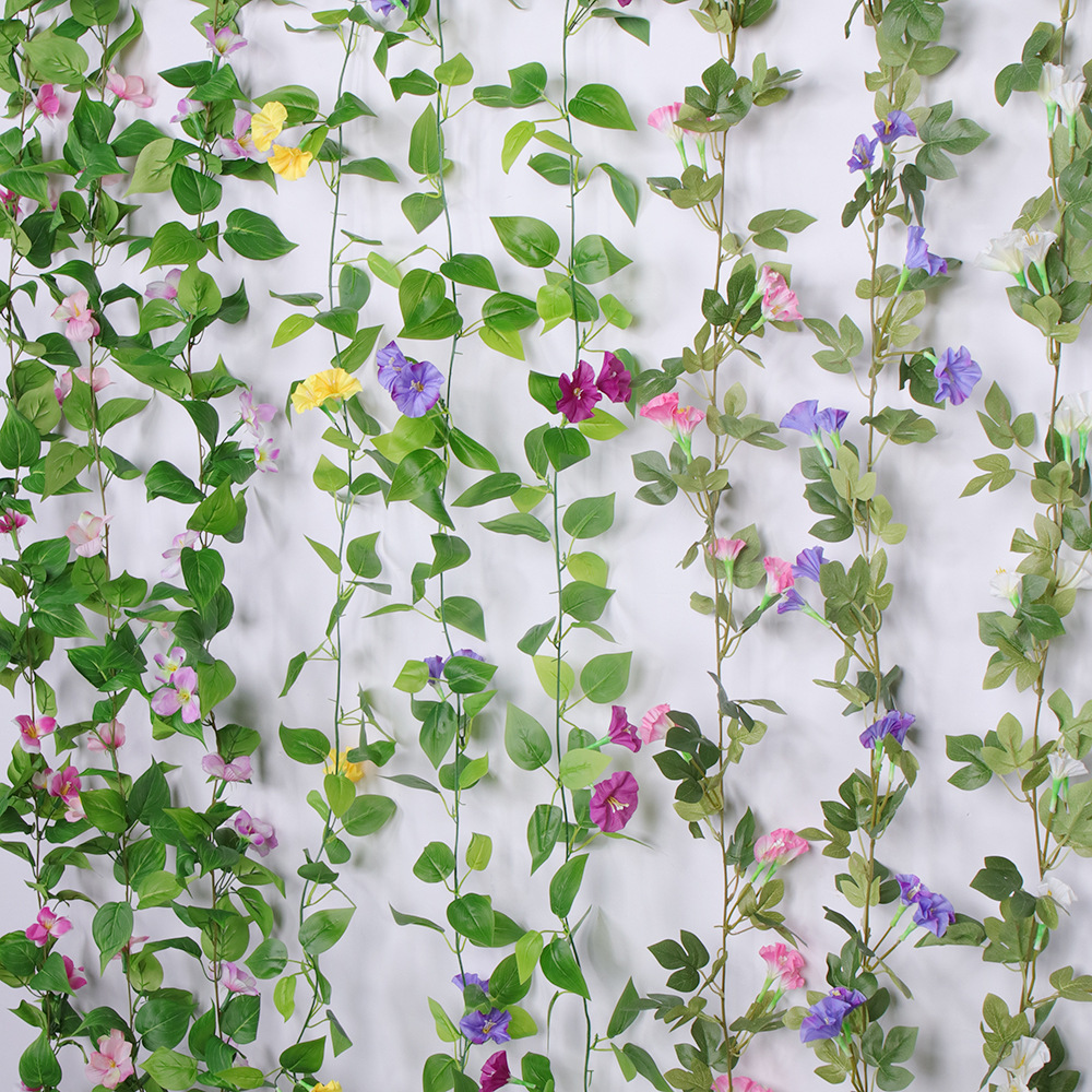 Gloria de La Mañana artificial ratán interior techo tubo sinuoso decoración al aire libre cerca artificial tela seda trompeta flor