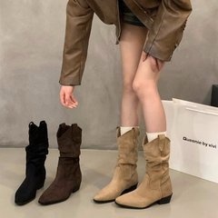 牛皮版美拉德靴子新款尖头中筒靴棕色女靴褶皱堆堆靴卡其色牛仔靴