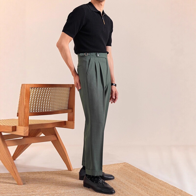 Italian-English style non-iron Paris buckle double-pleated trousers for men, business formal wear, Naples high-waisted casual pants Italian-English style non-iron Paris buckle double-pleated trousers for men, business formal wear, Naples high-waisted casual pants