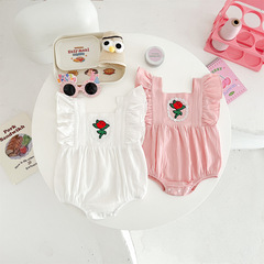0-2歲女寶淑女風格三角包屁衣 花邊袖子刺繡小花朵夏天爬服哈衣