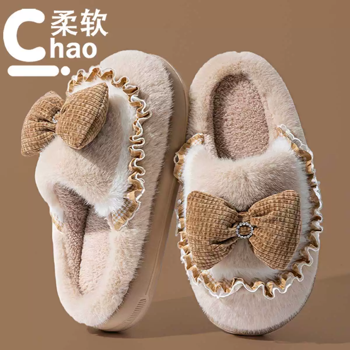Demi-season keep warm slippers with bow