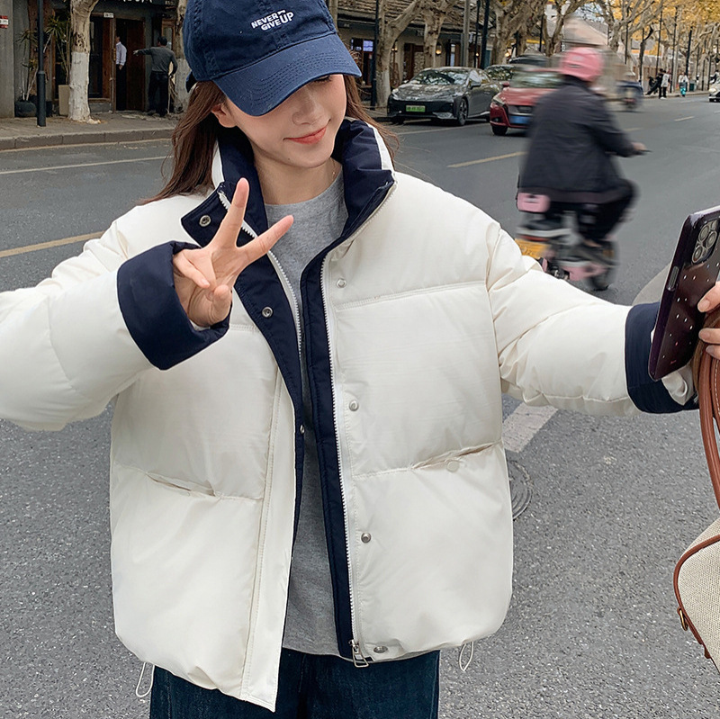 欧货立领撞色拼接棉服女短款冬季2025新款小个子宽松时尚面包外套|undefined