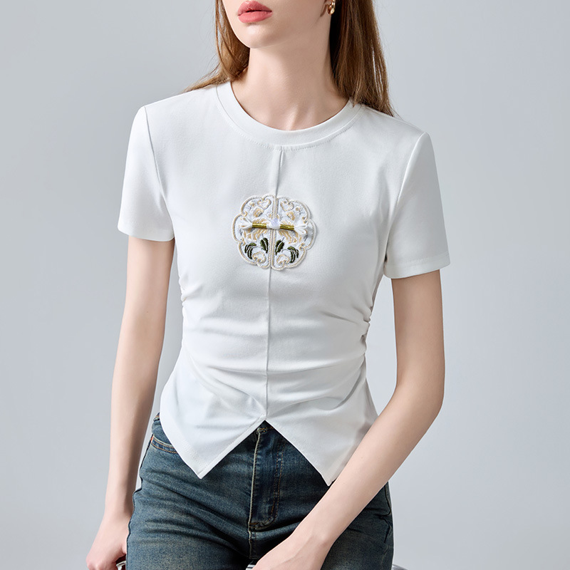 Nueva camiseta china de manga corta para mujer 2024 nueva ropa de mujer ligera de estilo nacional bordado de cuello redondo camiseta de cintura dividida
